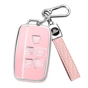 FT FUNTOR for Range Rover Key Fob Cover,Compatible with Land Rover LR4 Range Rover Sport Evoque Jaguar XJ XE XJL XEL XFL F-pace,5 Buttons TPU for Jaguar Key Fob Cover with Silver Edge （A-Pink