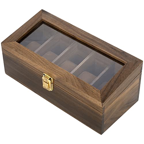 Mygift Natural Walnut Wood Wrist Watch Storage Box, Tabletop Watch Organizer 5-Slot Display Case With Clear Acrylic Lid And Removable Brown Velvet Pads #TOP5