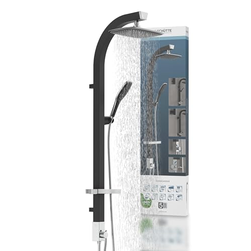 Schütte MADAGASCAR Douche à effet pluie avec douchette à main, barre de douche noire avec tablette pratique et support mural, barre de douche pour robinetterie de douche 60060