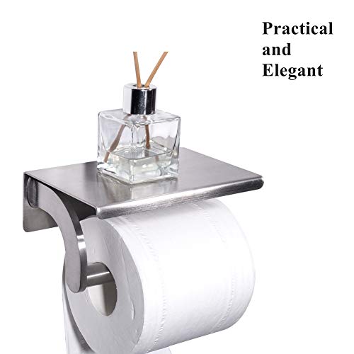 Toilet Paper Holder With Phone Shelf 304 Stainless Steel Wall Mounted Toilet Paper Roll Holder For Bathroom Paper Dispenser Brushed Nickel Finish Self Adhesive For Rolls, Adhesive Or Screws Install #TOP4