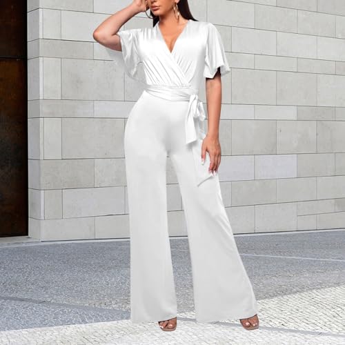 Image of PaladMom Womens Elegant Plus Size Jumpsuits Sexy Back zipper Short Sleeve Mid Waist Wide Leg Straight Rompers