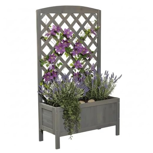 Melko Rankgitter Rankhilfe Spalier mit Blumenkasten Pflanzkasten aus Holz, ideal für Kletterpflanzen für den Außenbereich,grau