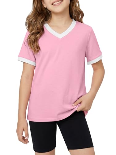 Poroka Girls Short Sleeve Shirt V-Neck Tee with Ribbed Trim Plain T-Shirts Soft Fashion Summer Tops for Girls 7-14 Years Pink