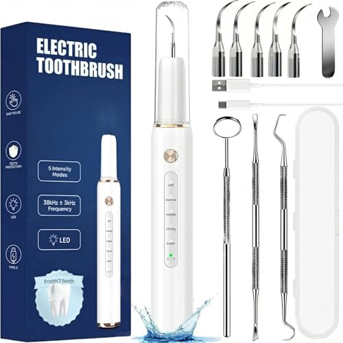 Kit Pulizia Denti Tartaro，Spazzolino Elettrico Ultrasuoni Intelligente e Impermeabile con 5 Modalità Per Rimozione Placca e Macchie con 5 Testine Intercambiabili e Luci LED per Uso Quotidiano a Casa