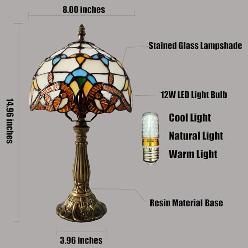 Image of Small Tiffany Table Lamp 8 Inch Tiffany Style Desk Lamp Stained Glass Antique Light Decoration Bedroom Bedside Lamp Retro Reading Lamps (Beige Baroque Style)