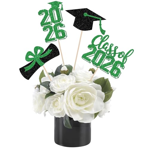 12 PCS 2026 Graduation Centerpiece Sticks Double Sided Glitter Class of 2026 Table Centerpieces Diploma Congrats Grad Cap Flower Decorations for 2026 Graduation Party Centerpieces Supplies Green