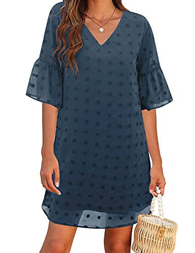 Blooming Jelly Womens White Dresses Short Sleeve V Neck Ruffle Cute Sun Dress Chiffon Flowy Shift Mini Dress(XL,Navy Blue)