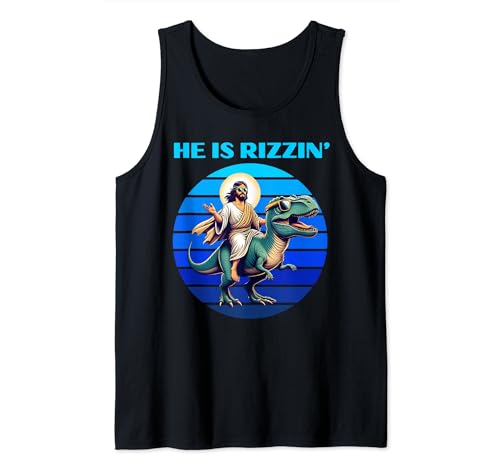 Él es Rizzen Jesús tiene Rizzen Retro Christian Dinosaur Camiseta sin Mangas