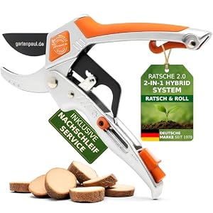 GARTENPAUL Ratsche 2.0 Gartenschere mit Schärfer, inkl. Nachschleifservice, Amboss Hybrid Ratsche, mit edler SK5 Klinge, Profi Gartengeräte Astschere Schere Rosenschere Pflanzenschere Blumenschere