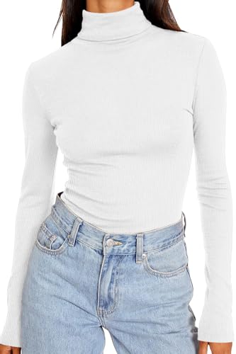 DUOEASE Camiseta Manga Larga Mujer Slim Fit Otono Invierno Camiseta Básico Sólido Jersey Cuello Alto Mujer (Blanco M)