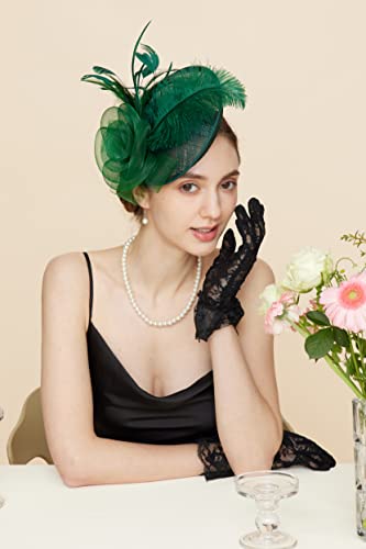 Gionforsy Fascinator Hat Feather Derby Tea Party Hat With Lace Gloves Pearl Necklace For Wedding (Green) #TOP2