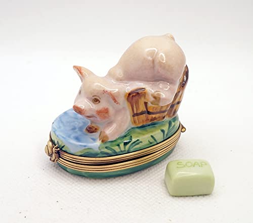 Authentic French Porcelain Hand Painted Limoges Trinket Box Cute Pig