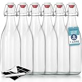 HEFTMAN Juego de 6 botellas de vidrio herméticas para vino, condimentos, bebidas, aceite, vinagre, kombucha y agua - 1 litro