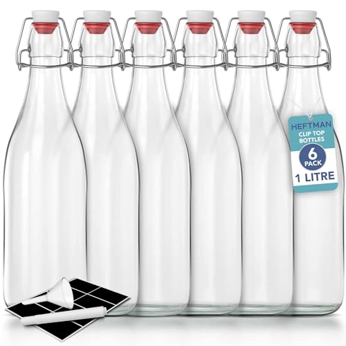 HEFTMAN Lot de 6 bouteilles en verre hermétiques pour le vin, les condiments, les boissons, l'huile, le vinaigre, le kombucha et l'eau - 1 litre
