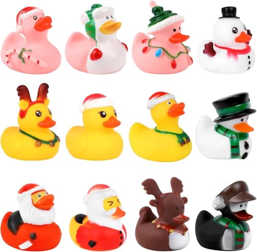 SULOLI 12 Piezas Patitos para Baño，Pato de Navidad，Patitos de Goma Baño Bebe，Juguetes de Goma para Niños y Bebés，Regalos de Suministros para Fiestas(6 Colores)