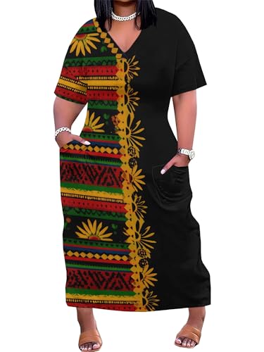 Image of Plus Size Maxi Dress for Women Short Sleeve V Neck Casual Loose Sundress with Pockets