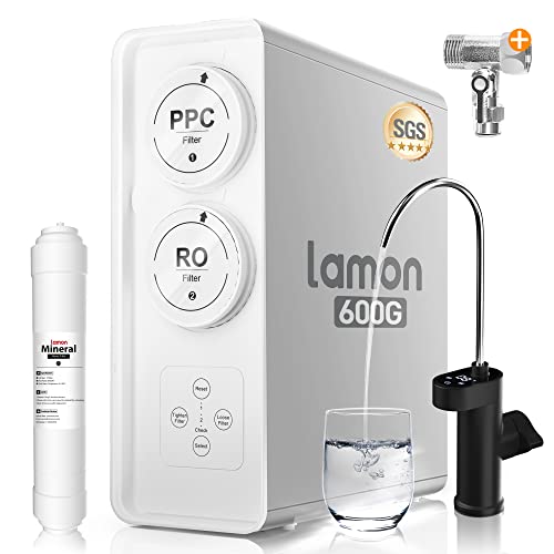 Lamon R1Pro Reverse Osmosis System 6-Stage Water Filter System 600 Gpd Ro Under Sink Tankless Filtration Systems With Smart Faucet & Remineralization Filter, 2:1 Pure To Drain With Three Ball Valve #TOP5