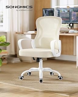 SONGMICS Sedia Ufficio Ergonomica, Sedia Scrivania Girevole in Rete, Supporto Lombare, Funzione Oscillante, Braccioli, Studio Camera da Letto, Beige Cappuccino e Bianco Nuvola OBN043LH02