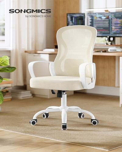 SONGMICS Silla de Oficina Ergonómica, Silla de Escritorio Giratoria de Malla con Soporte Lumbar, Reposabrazos, para Estudio y Dormitorio, Beige Capuchino y Blanco Nube OBN043LH02 - imagen 2