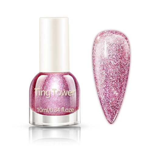 Image of Pink Glitter Nail Polish, Nail Varnish Quick Dry, High Glossy Long Lasting Nail Polish with Sparkly Shimmer Effect - No Need UV Lamp Cure, Chip Resistant for Women DIY Manicure Nail Art