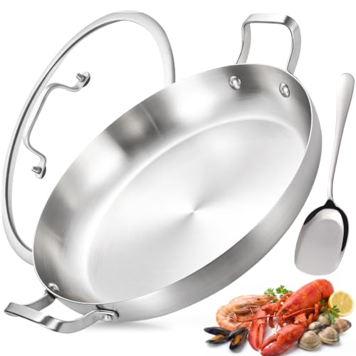Inqibee 14 Inch Tri-ply Stainless Steel Paella Pan with Lid