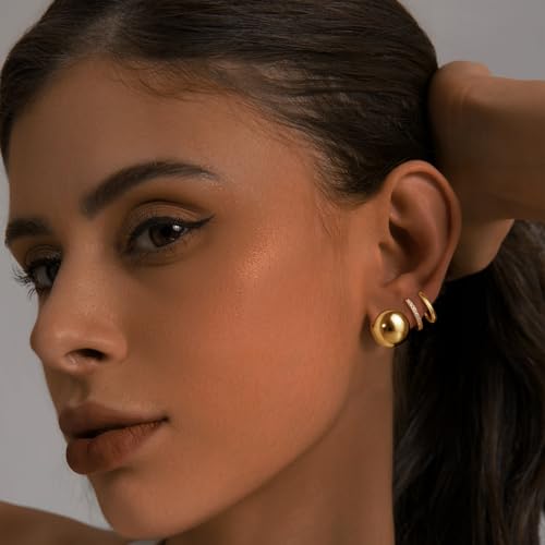 My Queen Small Gold Hoop Earrings Set for Women Hypoallergenic 14K Gold Plated Ball Huggie Hoops Stacks for Multiple Piercing Dainty Simple Lightweight Trendy Jewelry Gifts2