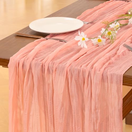 Image of Socomi 2pcs Coral Peach Easter Spring Cheesecloth Table Runner Boho Rustic Gauze 120 inch 10FT Cheese Cloth Runner for Wedding Party Baby Shower Birthday Home Decor Holiday Decorations