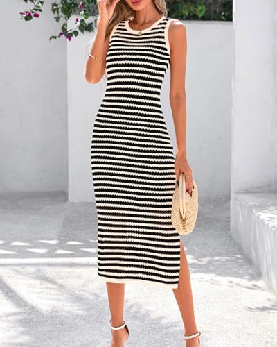 Image of Zenlonr Women's Sleeveless Summer Dresses 2025 Casual Crochet Knit Sundress Striped Long Tank Dress Beach Slip Dress