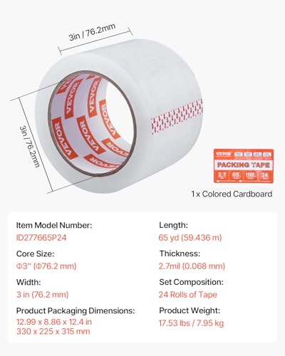 VEVOR Clear Packing Tape, 3 inches Core, 24 Rolls 3 Inches x 65 Yards Packing Tape, 2.7 Mil Thick, Heavy Duty Packaging Tape Designed for Moving, Storage and Packing, Shipping and Mailing, Office