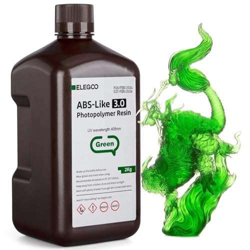 ELEGOO ABS-Like 3D Printer Resin 3.0, 405nm UV-Curing Photopolymer Resin for Mars Saturn Jupiter MSLA DLP LCD 3D Printing with Strength and Toughness, High Precision, Low Viscosity, Clear Green 2000g