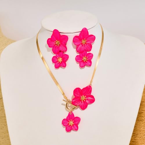 Red Yun En Flower Jewelry Set for Women White Pink Floral Necklace Earrings Flower Statement Earrings for Beach Vacation Dainty Floral Bridal Wedding Set (Pink B) by Red Yun En - Used condition - Image 3