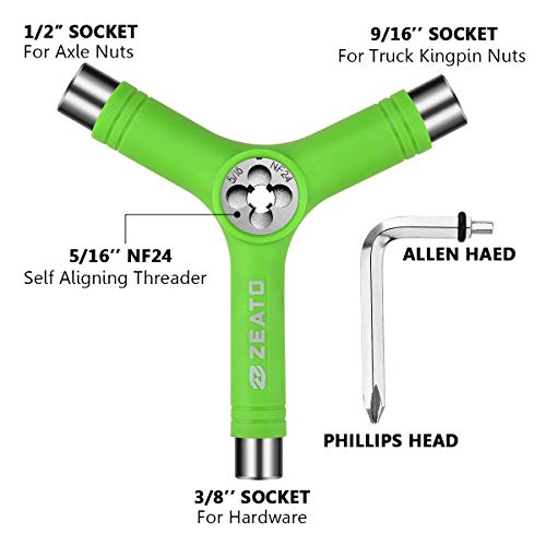 Zeato All-in-One Skate Tools Multi-Function Portable Skateboard Y Tool Accessory with Y-Type Allen Key and L-Type Phillips Head Wrench Screwdriver - Green