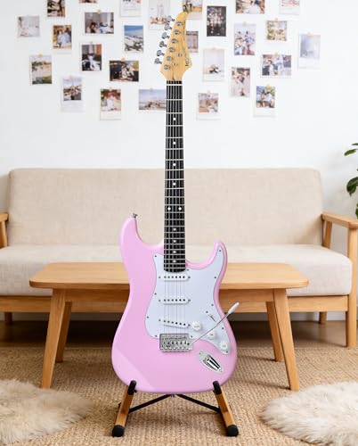 Image of Leo Jaymz Beginner Electric Guitar 39 inch Kit with Portable Amplifier, Padded Gig Bag, Digital Tuner，Capo，Strap，Picks，Classic SSS Pickups (Pink)