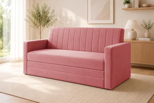 Image of Los Angeles Modern Velvet Three Seater Sofa Cum Bed with Armrest, Multipurpose Convertible Sleeper Couch Sofa for Living Room, Bedroom & Office- Rose Pink Color