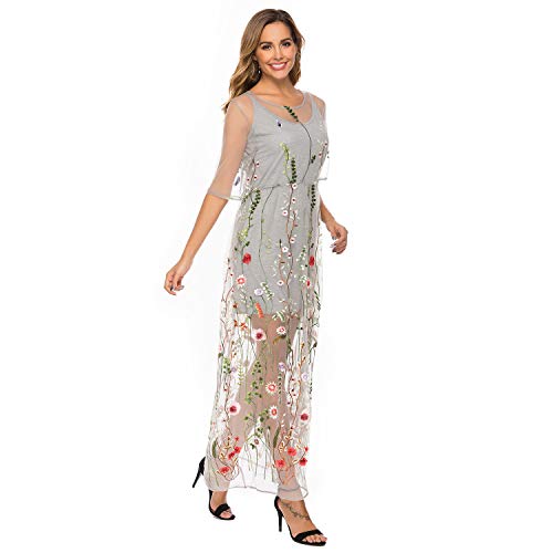Image of BaronHong Women's Floral Embroidered Tulle Prom Half-Sleeve V Neck Midi Dress with Waist Strap