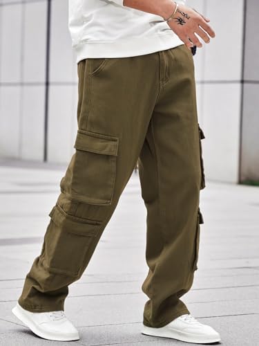Image of Men's 8 Pocket Cargo Pants | Premium Cotton Twill Baggy Fit Trousers | Stretchable Casual Streetwear Cargos | Mid Rise