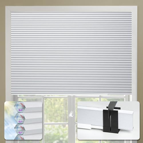 Blankendon Cellular Shades No Tools No Drill Custom Honeycomb Blinds Blackout for Window Easy Cutting Telescopic Track Cellular Blind Pearl White, 29