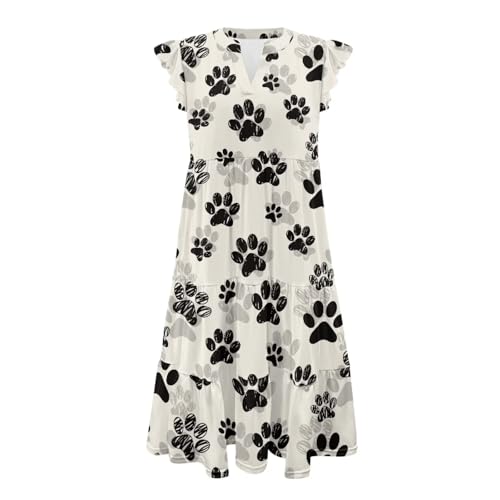 Image of Women's Casual Ruffle Sleeve Dress V Neck Pullover Dress Flowy A-Line Pleated Lightweight Dress with Pockets