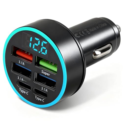 66W Cargador Coche Mecher USB C 4 Puertos con Voltímetro Led, Cargador Rápido Carga Rapida 12V 3,1A, Conectable a Tipo-C Adecuado para iPhone 17 16 15 MAX Pro, Samsung Galaxy S24 S23 S21 Ultra