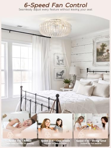 Image of Wood Caged Farmhouse Ceiling Fans with Lights for Bedroom, White, 20 inch | Flush Mount,Rustic, Remote Control, Wooden Low Profile for Living Room, Nursery