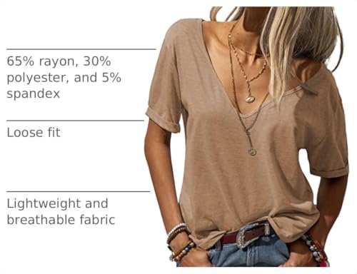 Image of Danedvi Women Deep V-Neck Short Sleeve Tops Solid Casual Loose T Shirt