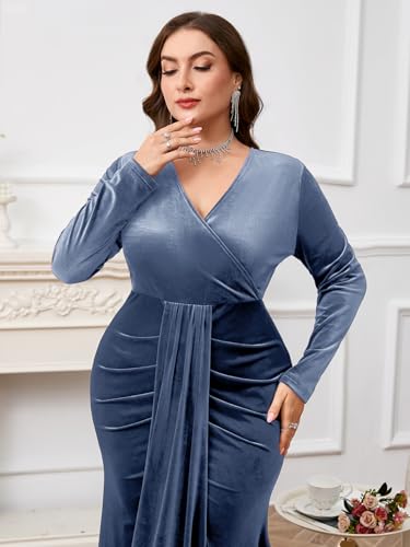 ZOMVA Plus Size Velvet Wrap Dress Long Sleeve V Neck Mermaid Maxi Formal Evening Gowns for Wedding Guest Cocktail Party2