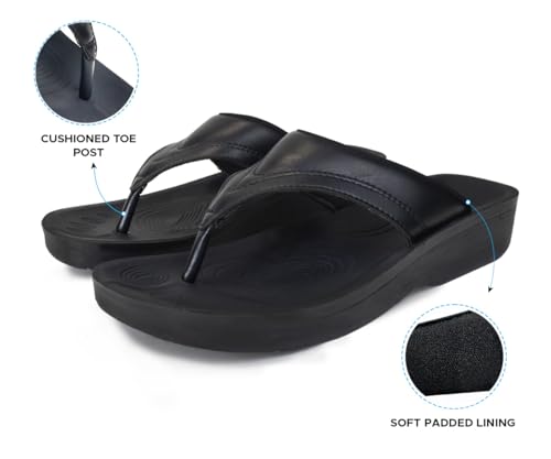 Image of AEROTHOTIC Comfy Arch Support Flip Flops for Women Open Toe Stylish Faux Leather Cushioned Strap with Non-Slip Sole & Comfortable Footbed Indoor and Outdoor Sandals