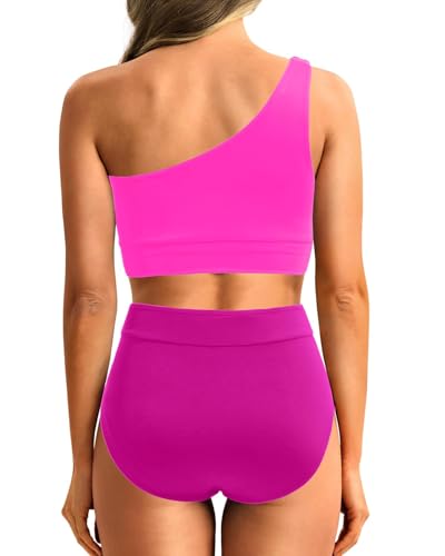 Image of Holipick Women One Shoulder High Waisted Bikini Sets Two Piece Swimsuit Tummy Control Bathing Suit Full Coverage Swimwear