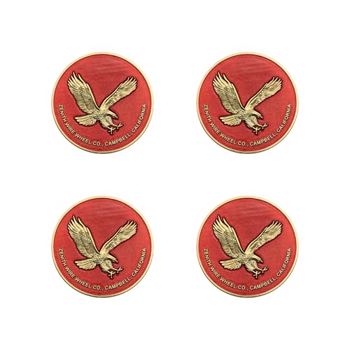 Image of Zenith Eagle Gold & Candy Apple Red Metal Wheel Chip Emblems (Set of 4) | 24K Triple Gold Plated Solid Metal Wheel Chip Emblems, 2.25 inch | for Lowriders w /Recessed KO Spinner Caps