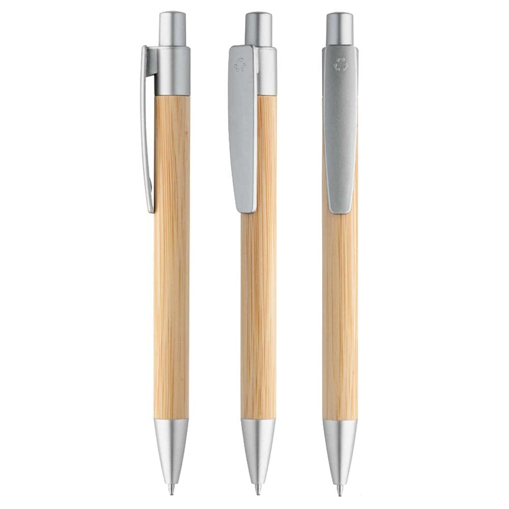 Juwelier Schönschmied 50x Kugelschreiber aus Bambus inkl. Wunschgravur | Emoji Gravur | Werbekugelschreiber personalisiert | Umweltfreundlich | blauschreibend | ø11 x 142 mm (50), (PS206)