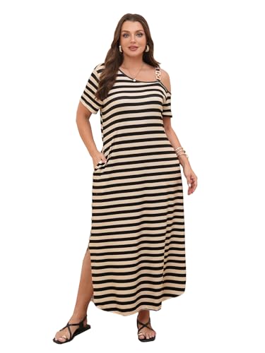 Image of Verdusa Women's Plus Size Off The Shoulder Maxi Dress Striped T Shirt Dresses with Pockets Summer Vacation Outfits