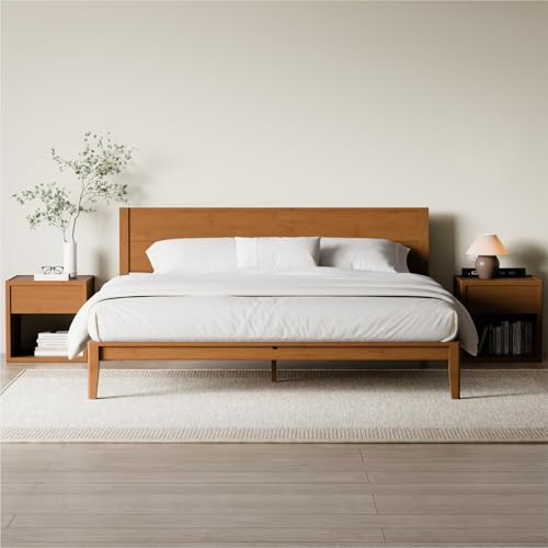 Image of RECCI Japanese Joinery California King Bed Frame, Mid-Century Modern Solid Bamboo Wood Platform Bed with Tall Headboard, Tool-Free Assembly, Heavy Duty Slat Support, 9-Inch Underbed Storage