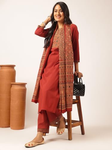 Image of Vbuyz Women Ajrakh With Yoke design Cotton Straight Kurta Set With Dupatta