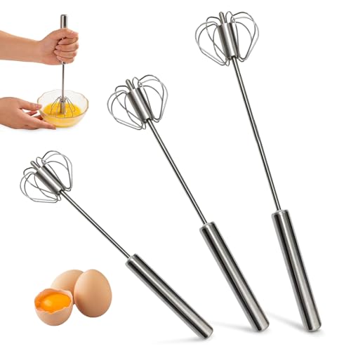 Dcceeo 3 Piezas Batidor Semiautomático de Acero Inoxidable, Batidor Manual de Huevos con Mecanismo de Resorte Barillas Batir Manual para Mezclar, Revolver la Masa, Huevos, Espumar, Batir
